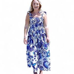 Smocked Blue and White Floral Bow Strap Maxi Dress Chinoiserie Style Small